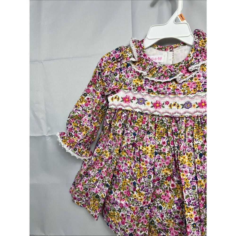 Bonnie Baby Pink floral long sleeve smocked dress with diaper cover size 12 m - Picture 4 of 13